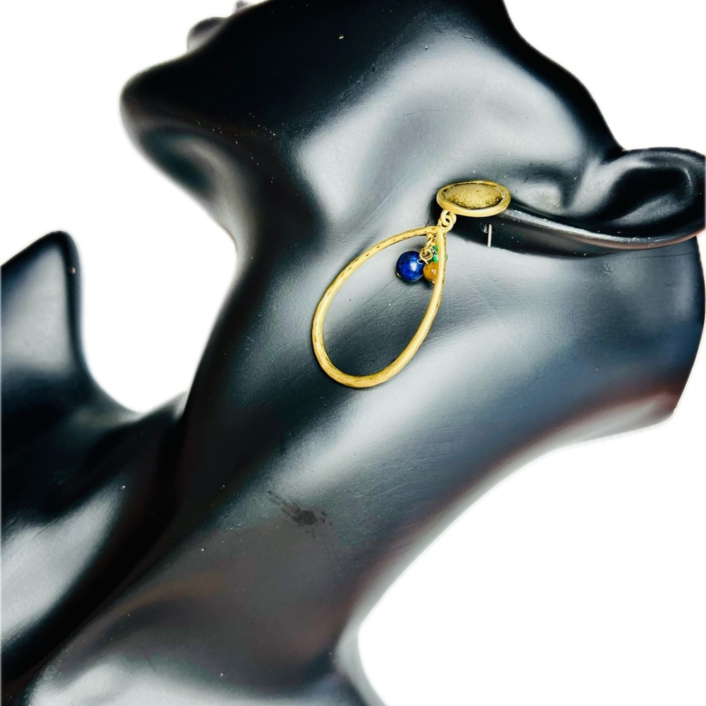 Simons Handmade Gold Hoop Tear Drop Earrings with Multi-colored Stones
